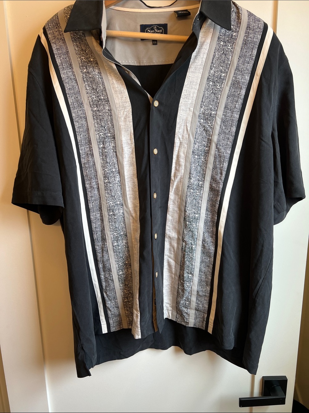 Nat Nast Black Short-Sleeve Button-Down Shirt with Gray and White Stripes
